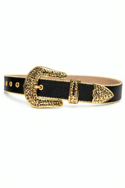 Black belt with gold buckle and decorative elements on a white background