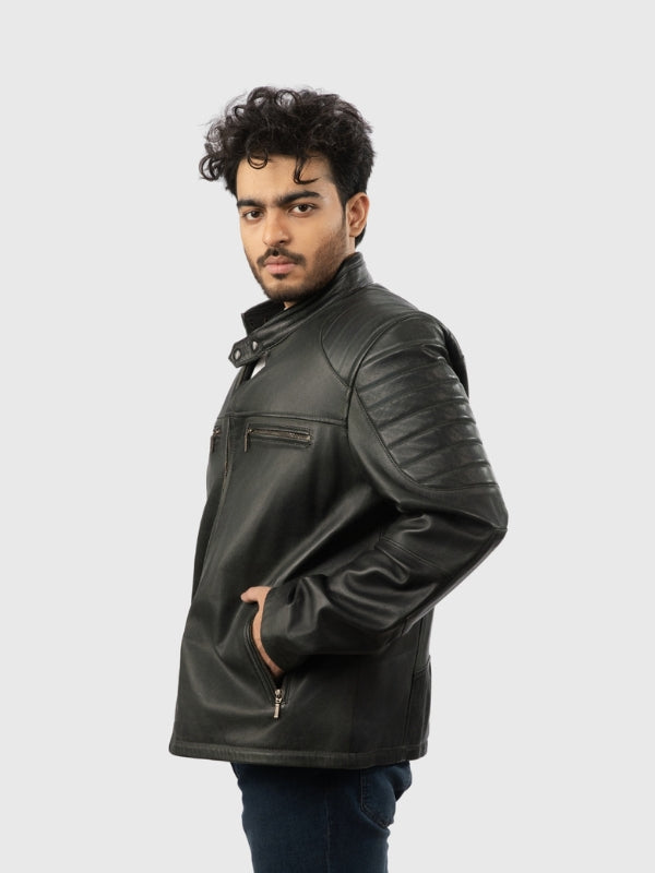 Man wearing a black leather jacket on a white background