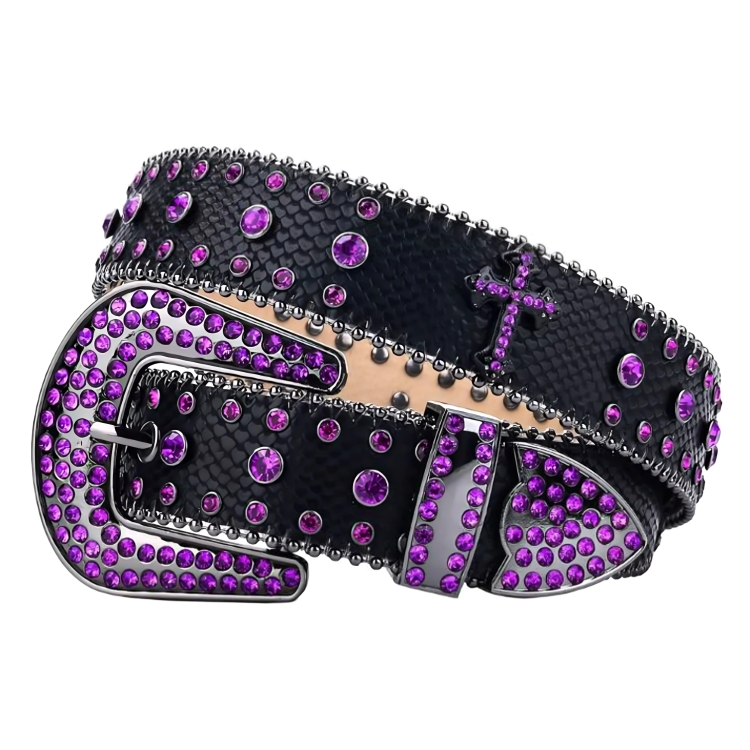 Black belt with purple rhinestones and a cross buckle on a white background