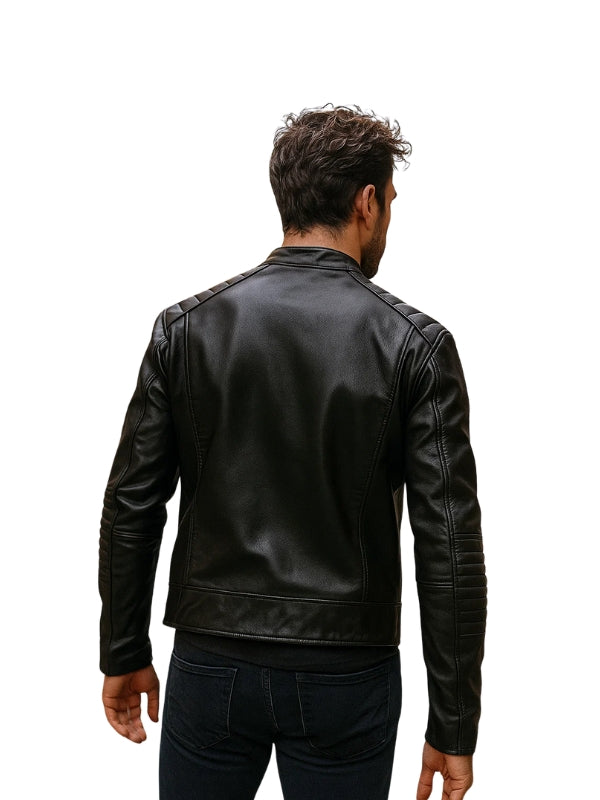 Black Quilted Biker Leather Jacket For Men's
