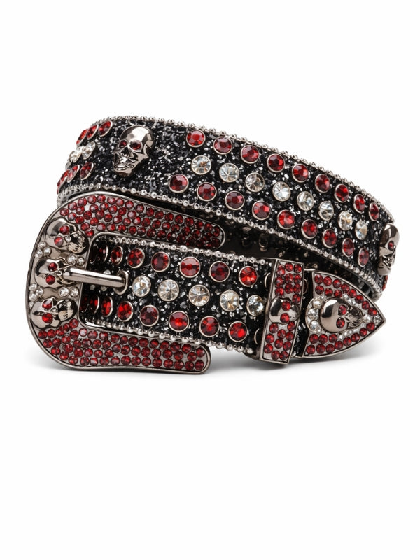 Decorative belt with red and silver embellishments on a white background
