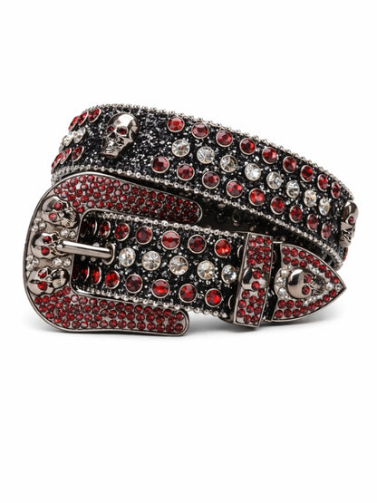 Decorative belt with red and silver embellishments on a white background