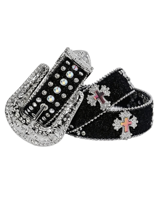 Black belt with silver buckle and decorative elements on a white background