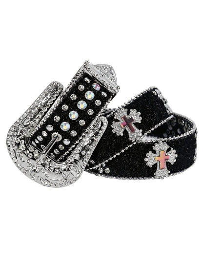 Black belt with silver buckle and decorative elements on a white background