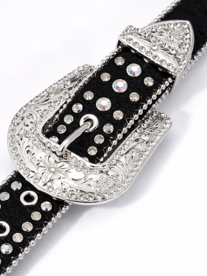 Black belt with silver buckle and rhinestones on a white background