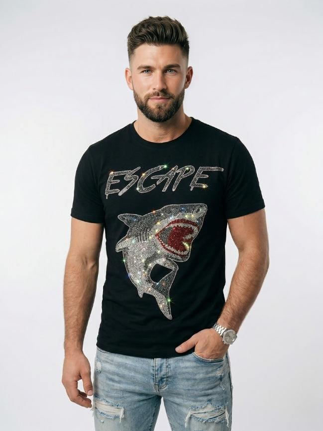 Man wearing a black t-shirt with a shark graphic and 'ESCAPE' text on a white background