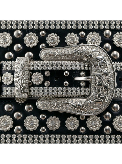Decorative belt with silver buckle and floral patterns on a black background