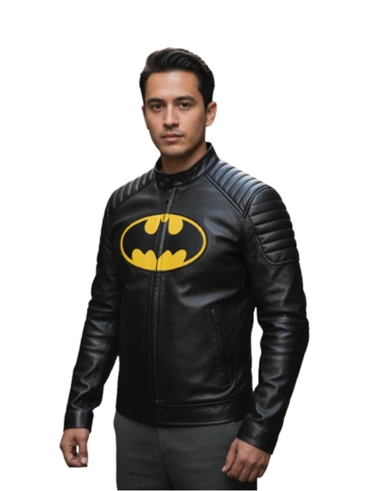 Man wearing a black leather jacket with a yellow Bat logo on a white background