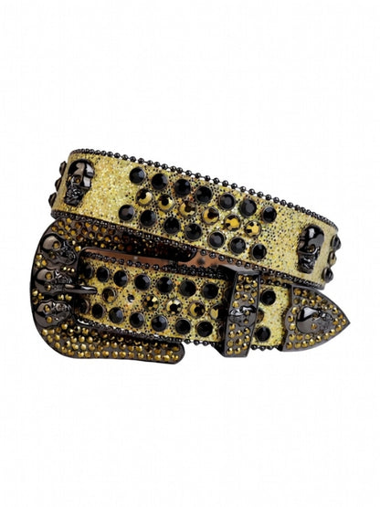 Decorative belt with black and gold embellishments on a white background