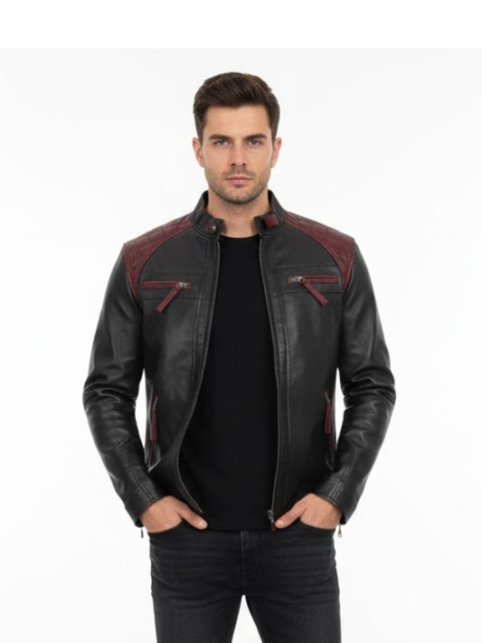 Man wearing a black leather jacket with red accents on a white background