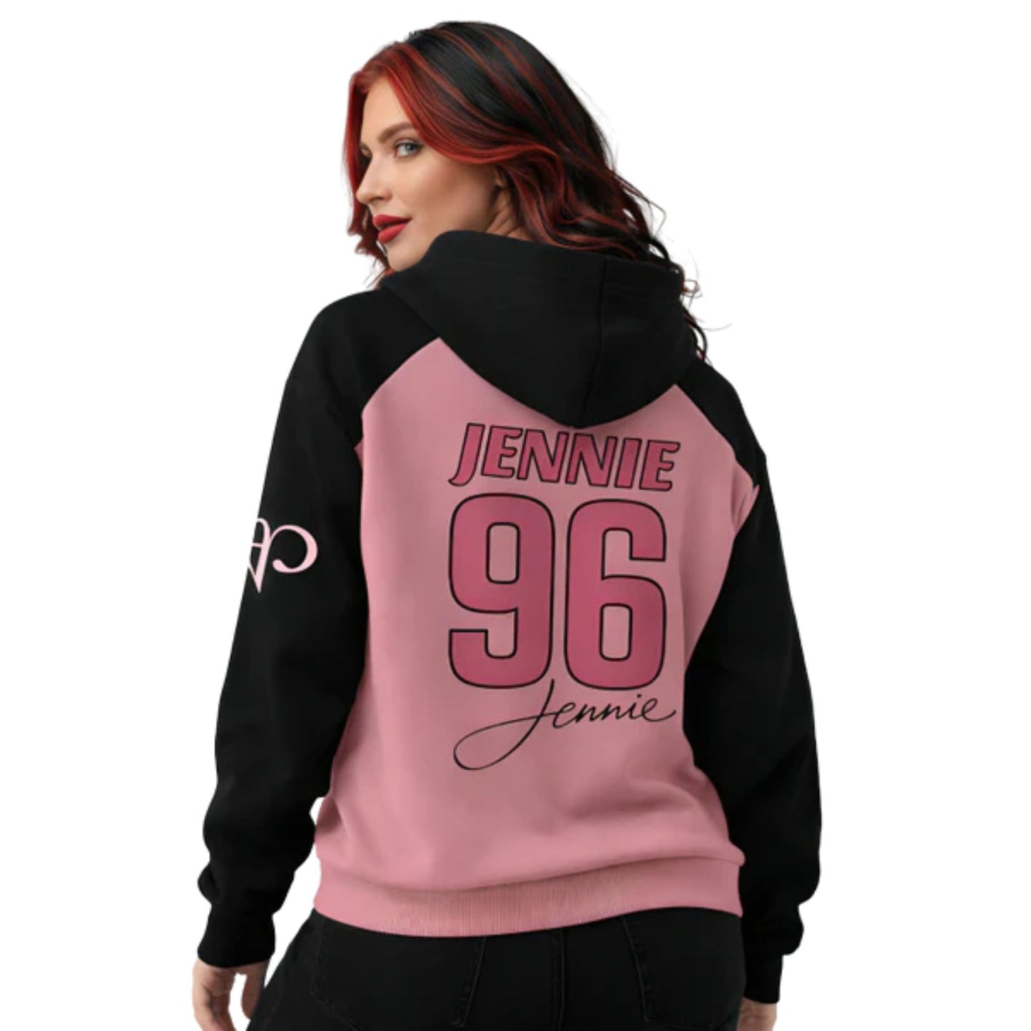 Person wearing a black and pink hoodie with 'Jennie 96' text on the back.