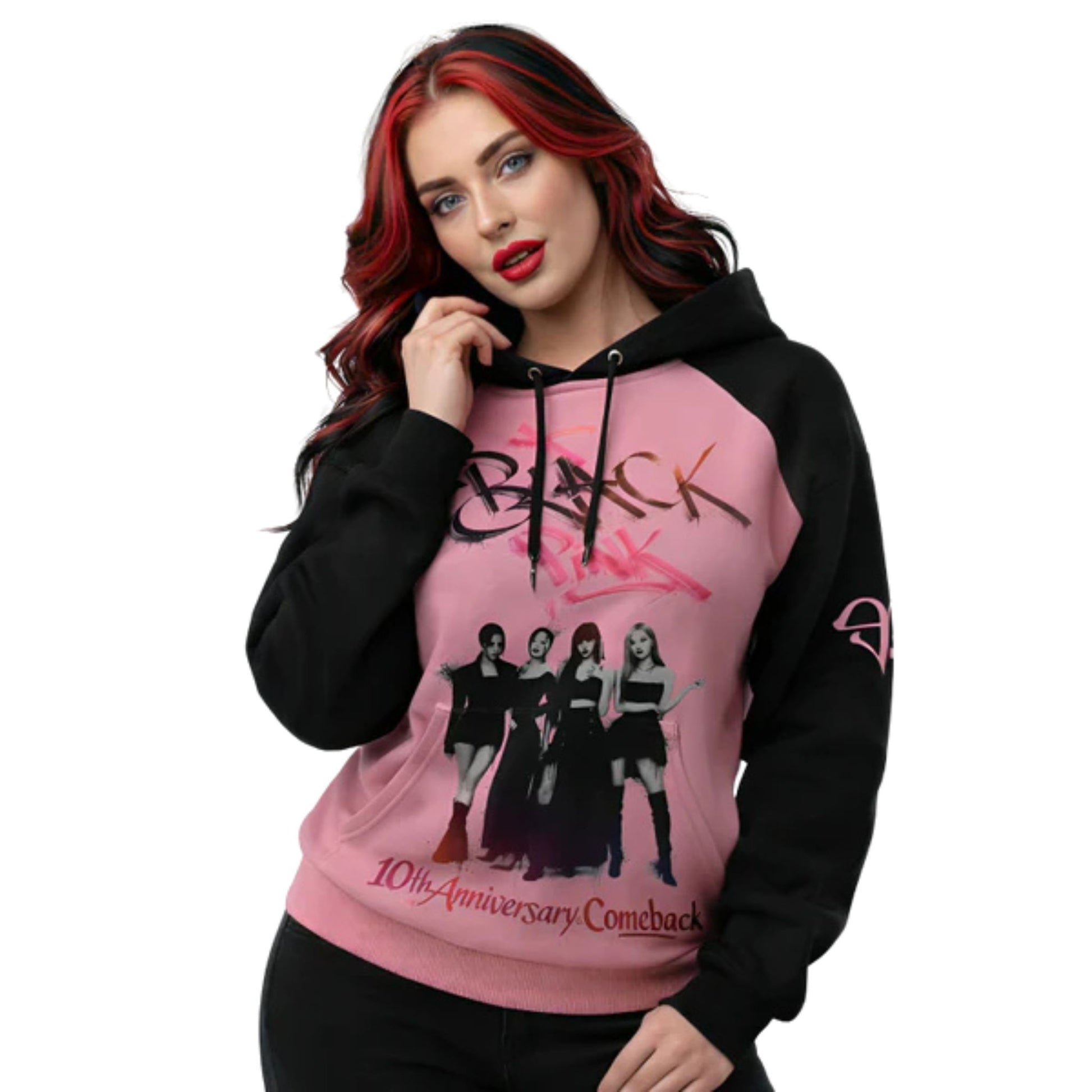Person wearing a pink and black hoodie with graphic design and text