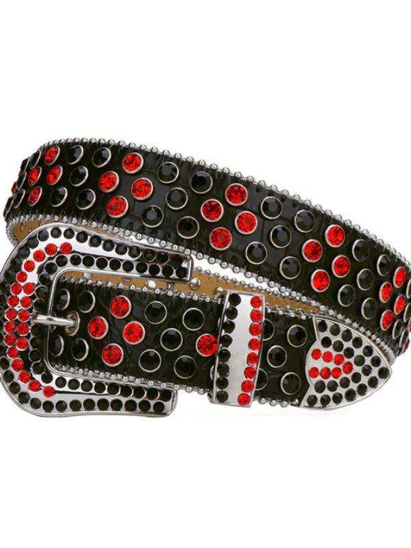 Black belt with red and clear gemstones on a white background