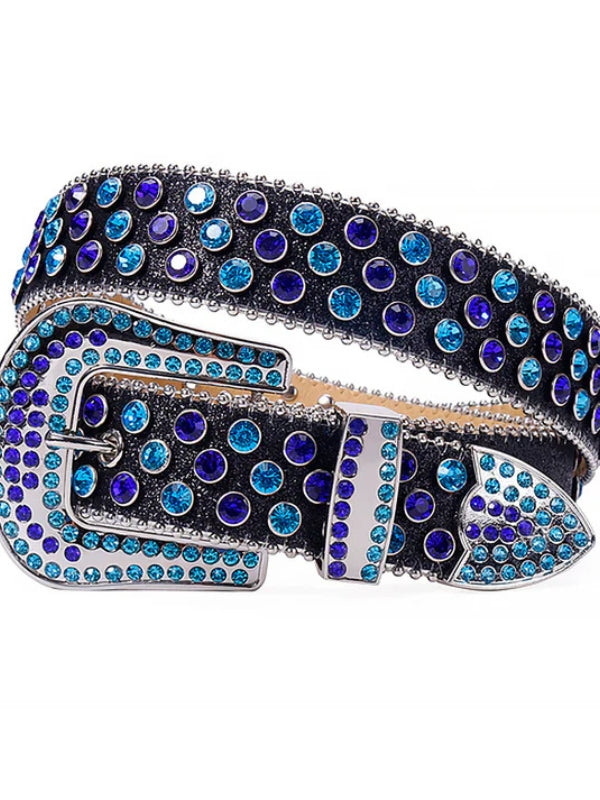 Decorative belt with blue and purple gemstones on a white background