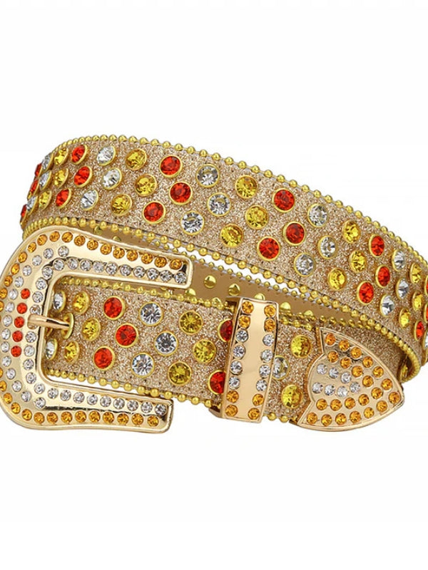 Gold belt with colorful gemstones on a white background
