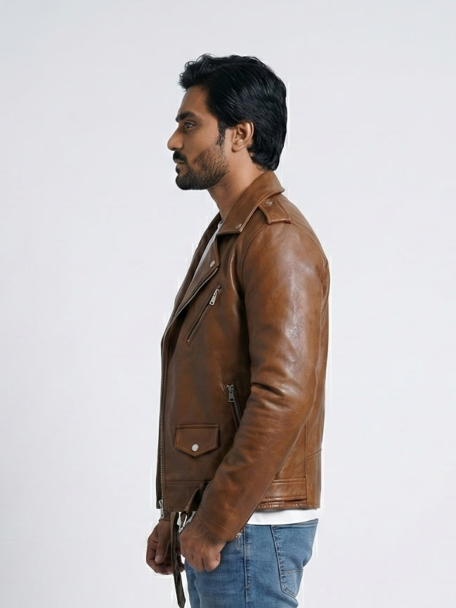 Man wearing a brown leather jacket on a white background
