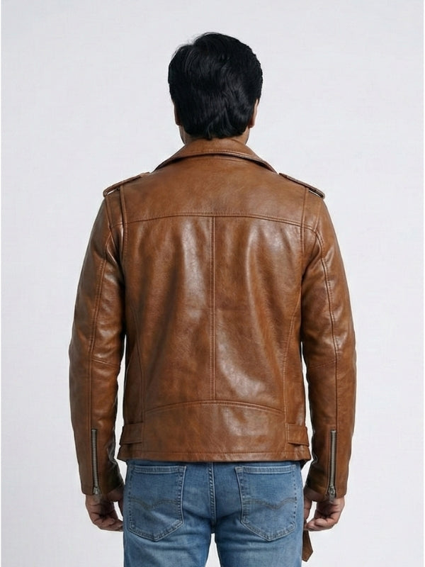 Person wearing a brown leather jacket on a white background