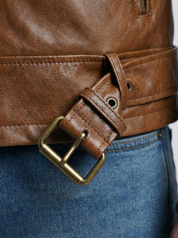 Close-up of a brown leather belt with a brass buckle on a person wearing blue jeans.