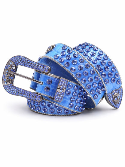 Blue studded belt with a decorative buckle on a white background