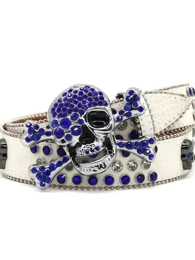 White belt with a skull design and blue gemstones on a white background