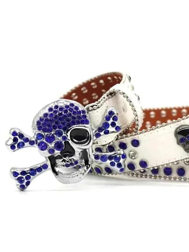 Belt with skull and crossbones buckle featuring blue stones on a white background