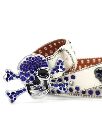 Belt with skull and crossbones buckle featuring blue stones on a white background