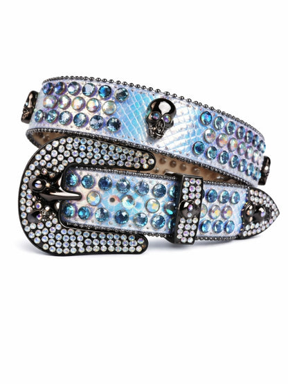 Decorative belt with rhinestones and skull design on a white background