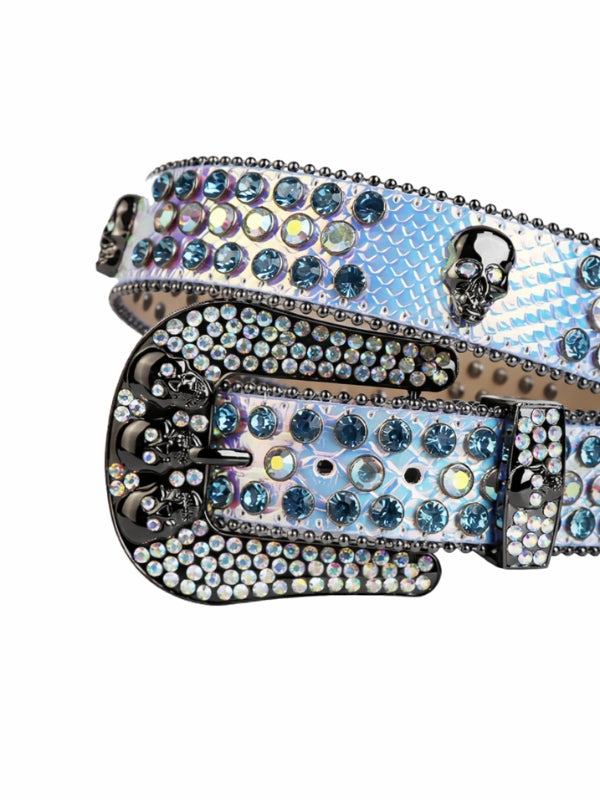 Decorative belt with rhinestones and skull design on a white background