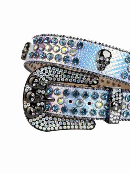 Decorative belt with rhinestones and skull design on a white background