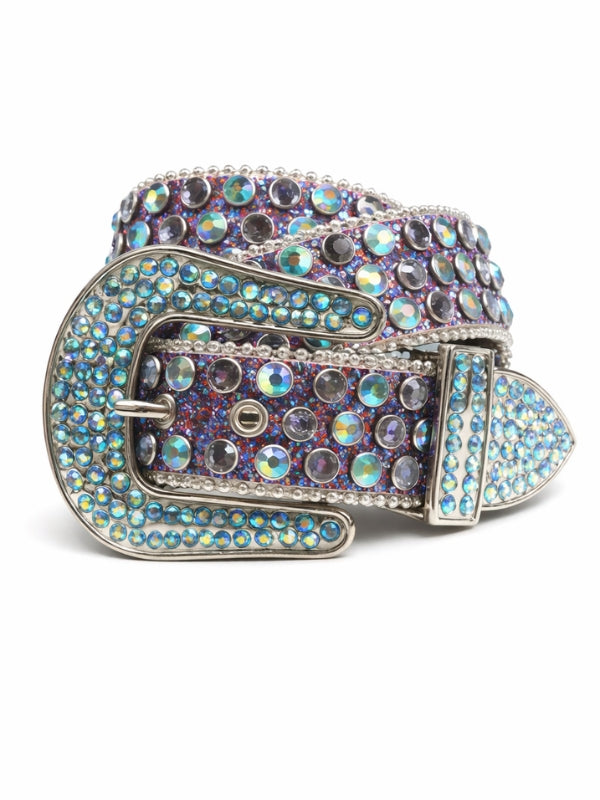 Belt with colorful rhinestone buckle on a white background