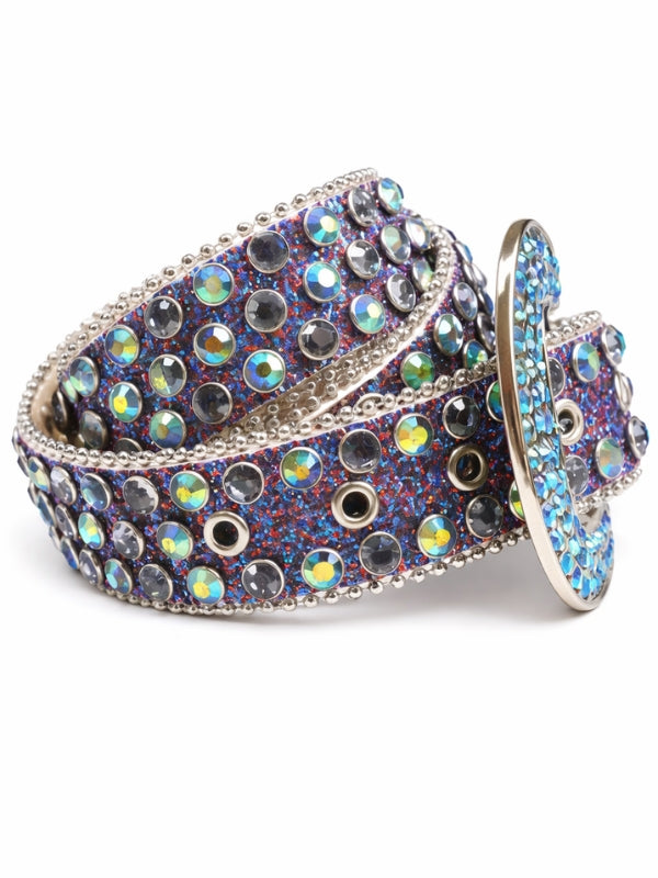 Decorative belt with colorful gemstones on a white background