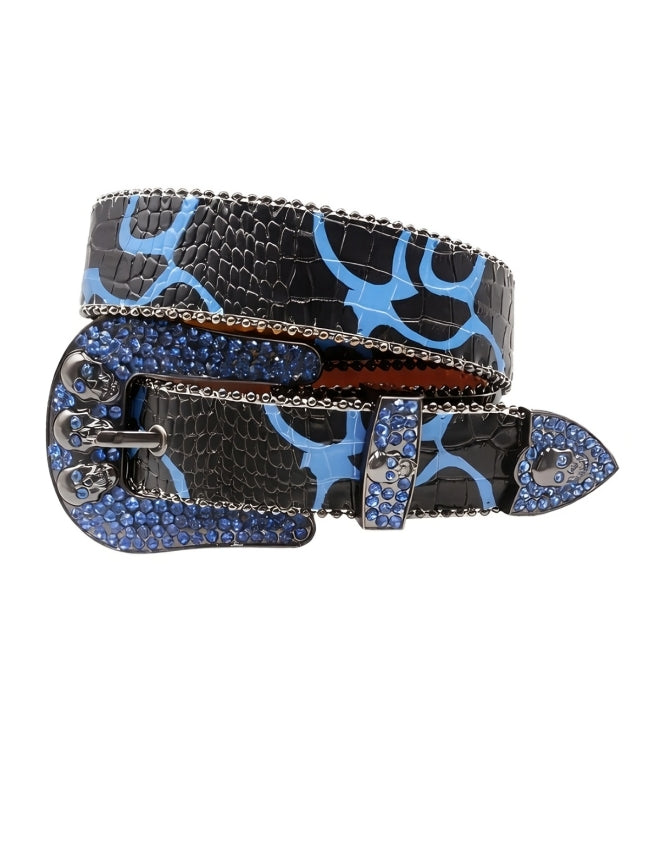 Black and blue patterned belt with studded details on a white background