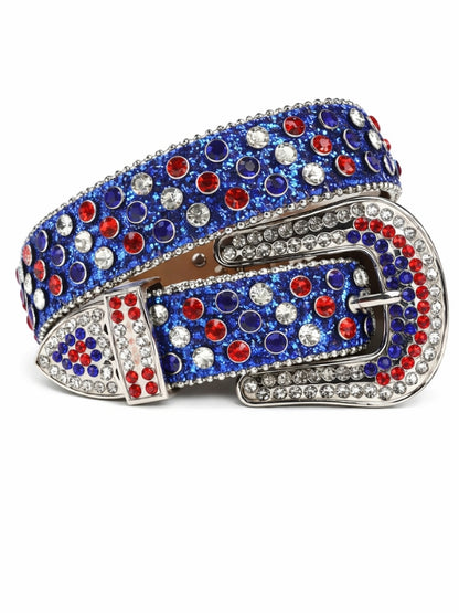 Decorative belt with red, blue, and silver accents on a white background