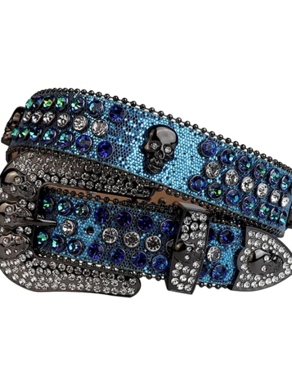 Decorative belt with blue and silver embellishments on a white background