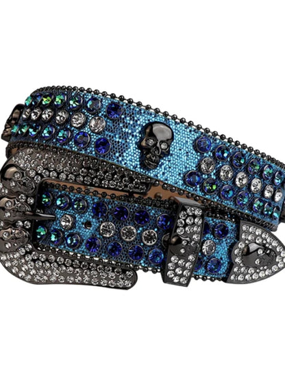Decorative belt with blue and silver embellishments on a white background