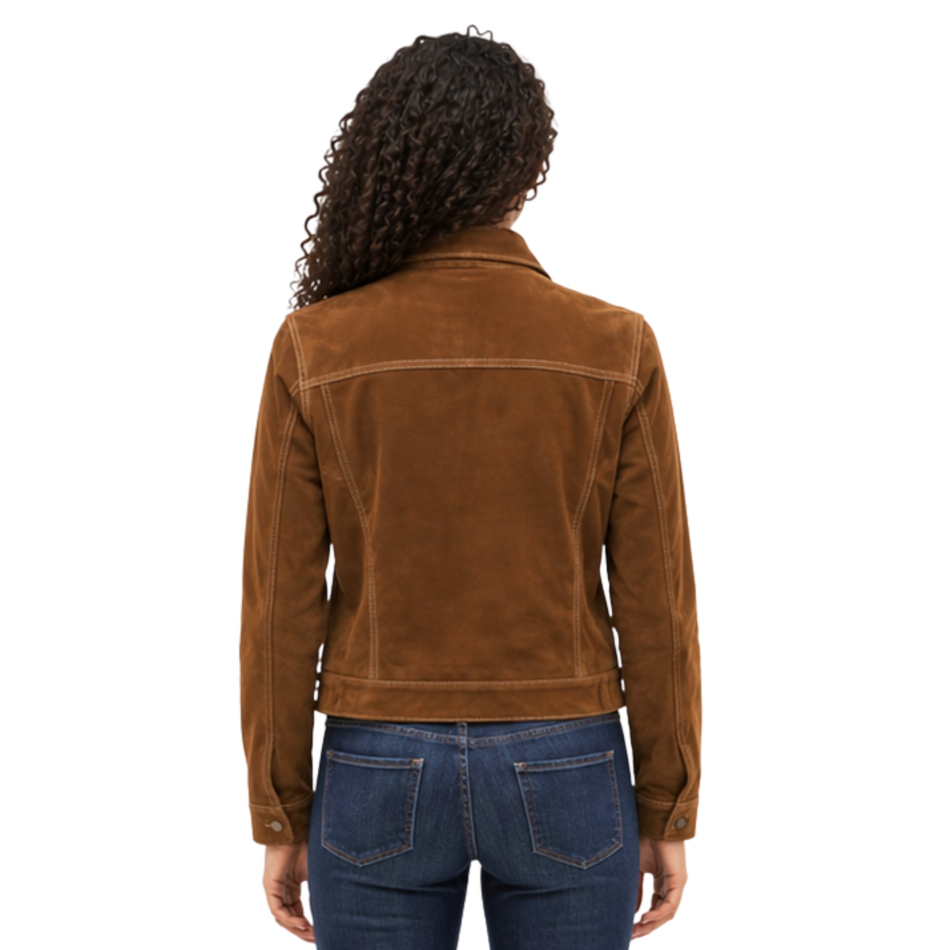 Brown leather jacket worn by a person on a white background