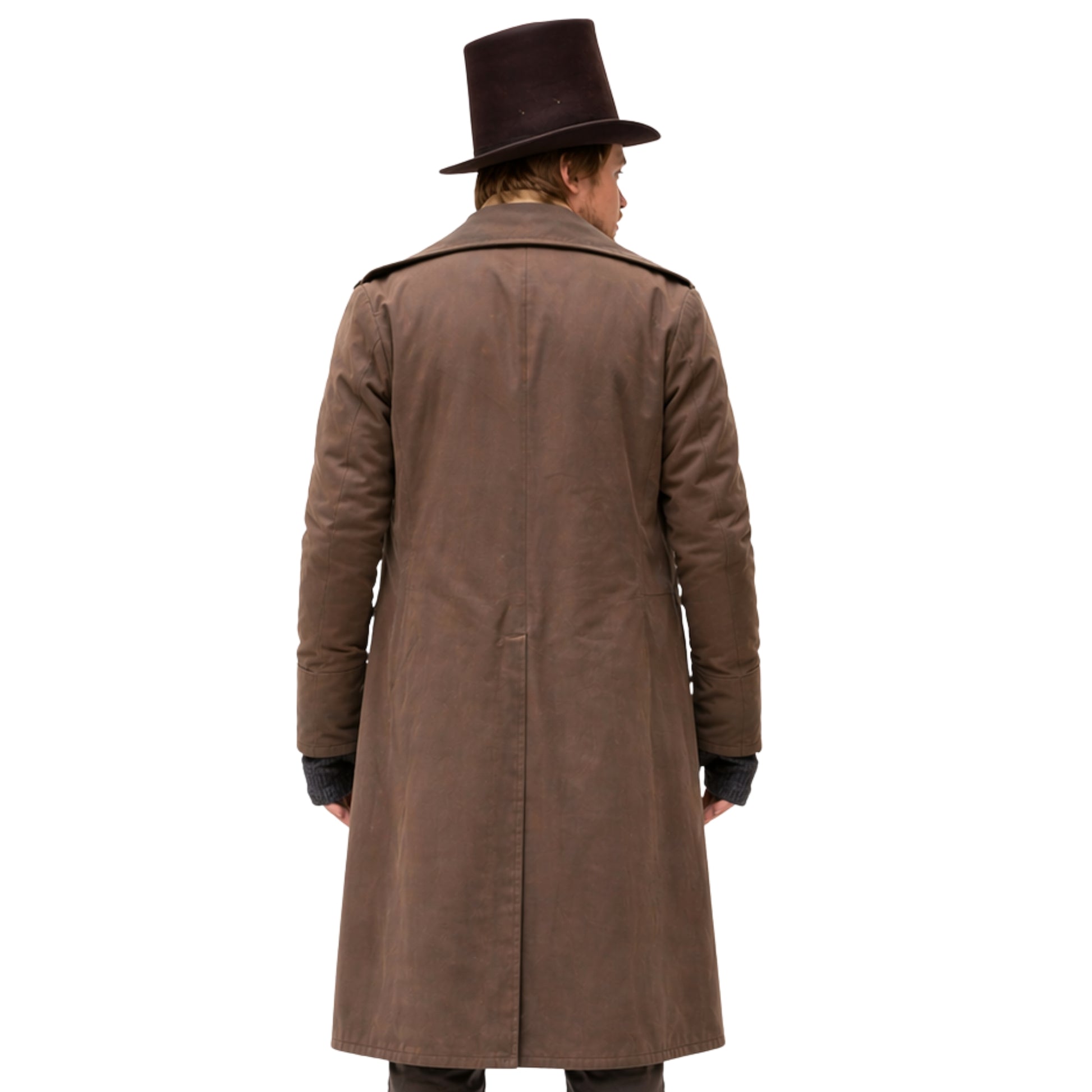 Person wearing a long brown coat and top hat on a white background