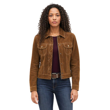 Woman wearing a brown jacket and blue jeans on a white background