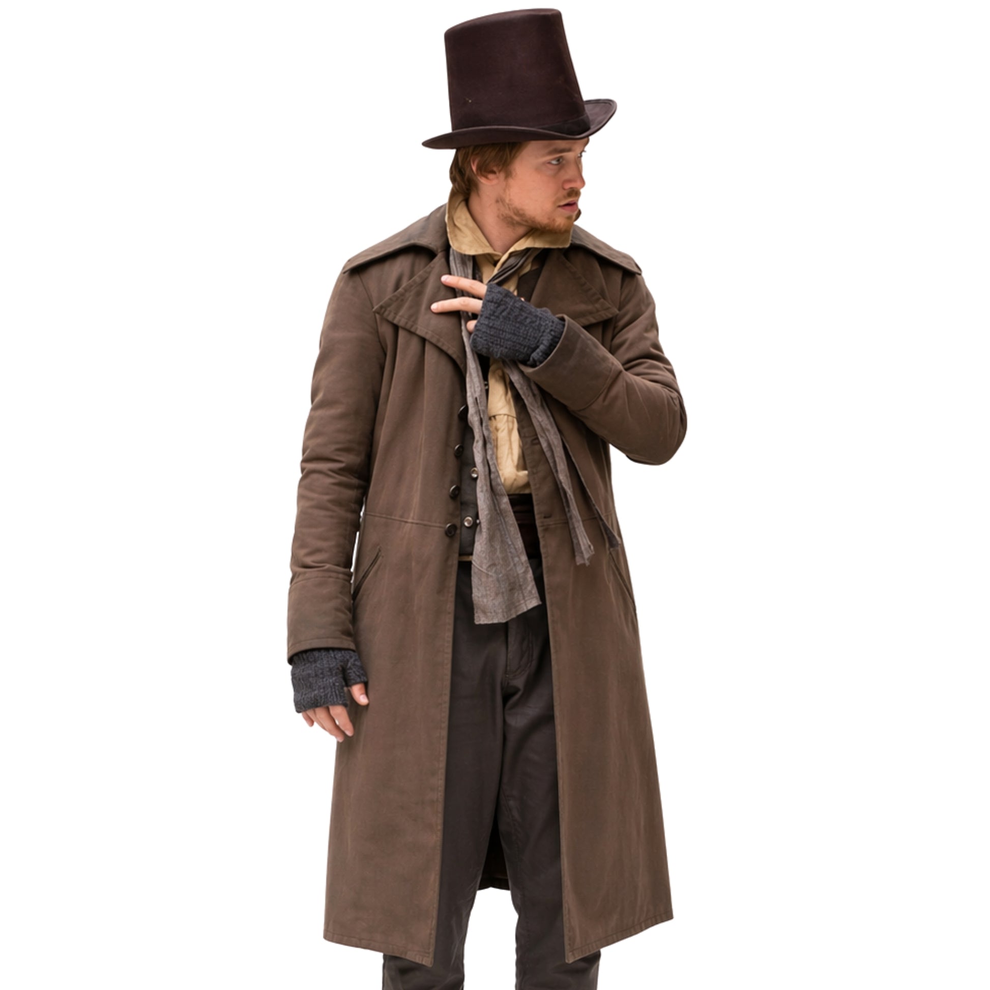 Man wearing a long brown coat and top hat on a white background
