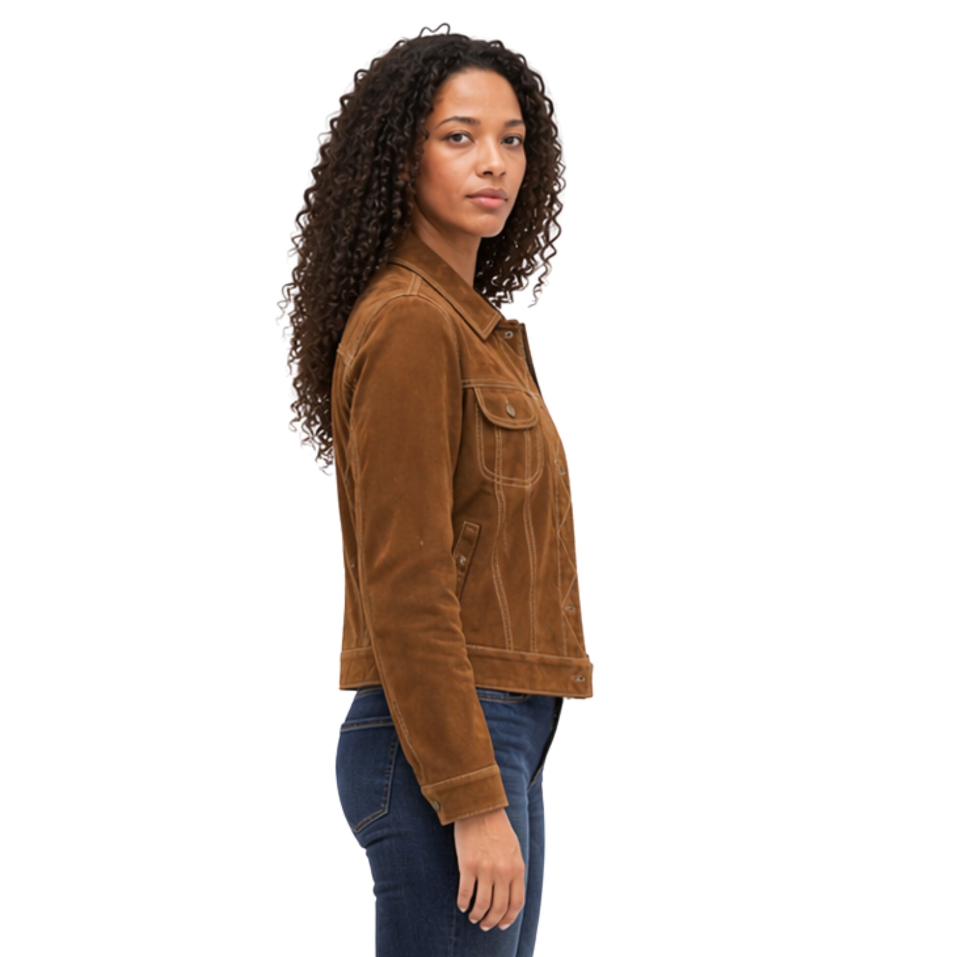 Woman wearing a brown jacket and blue jeans on a white background