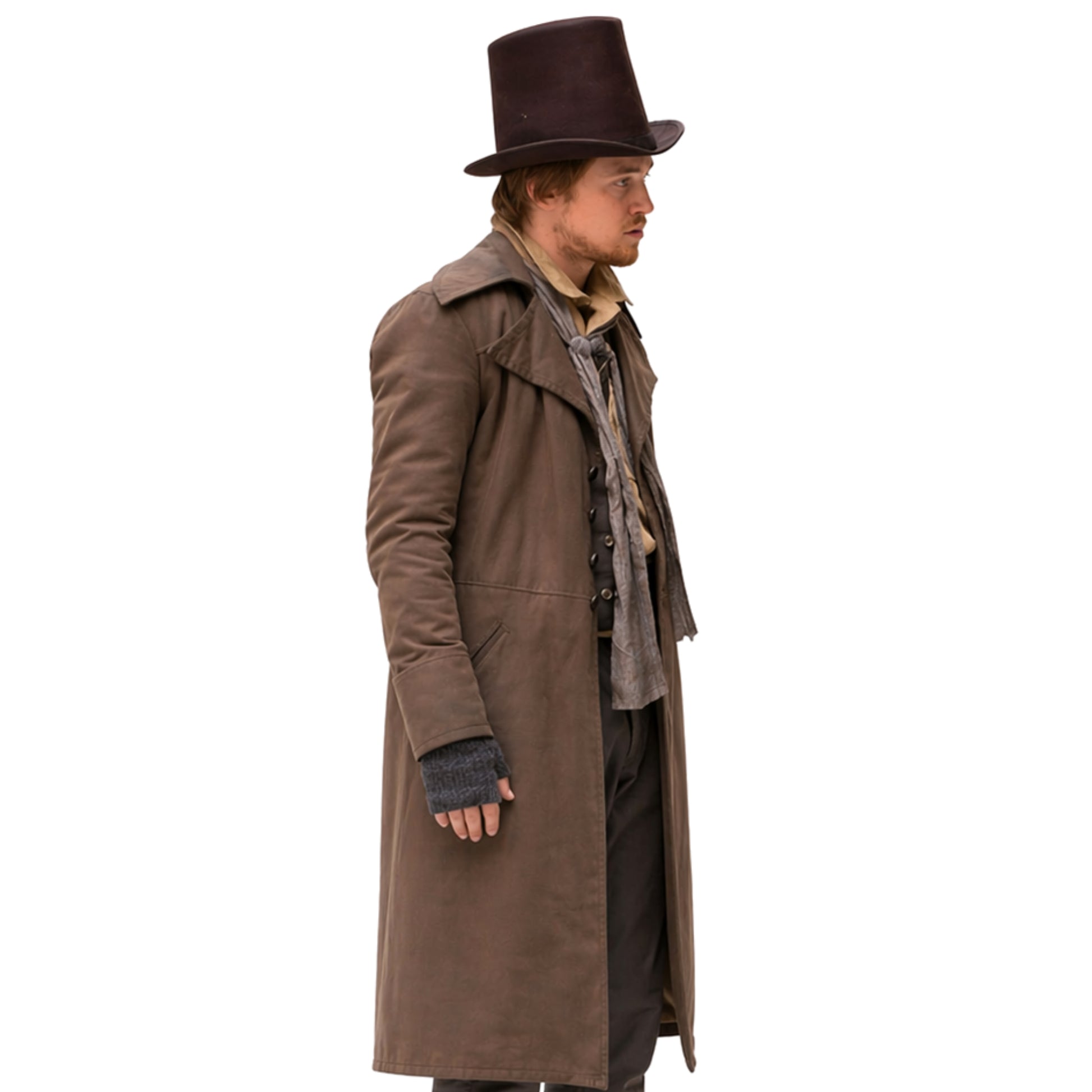 Person wearing a long brown coat and top hat on a white background