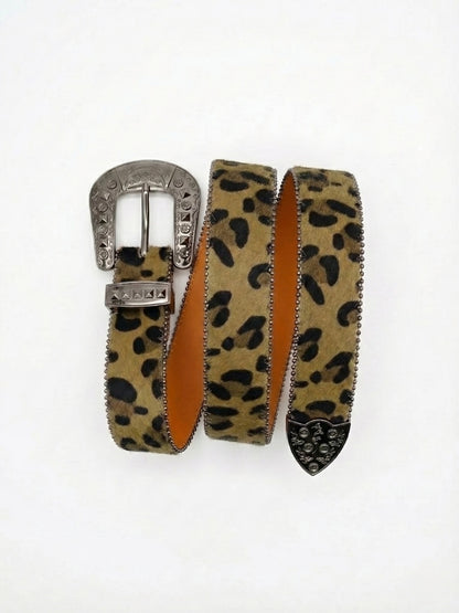 Leopard print belt with a silver buckle on a white background