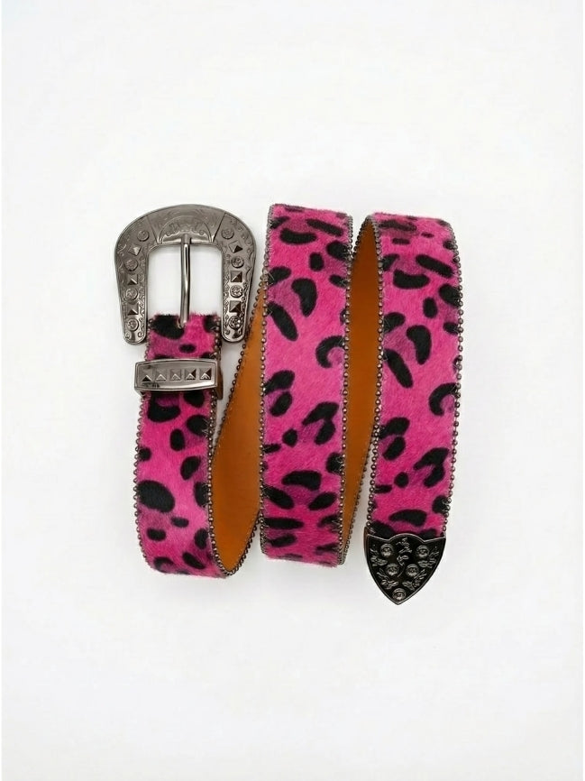 Pink leopard print belt with silver buckle on a white background