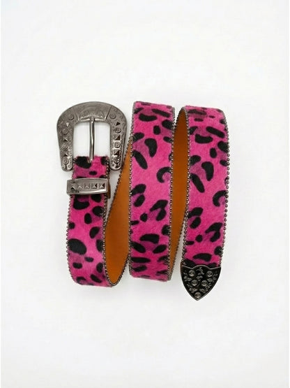 Pink leopard print belt with silver buckle on a white background