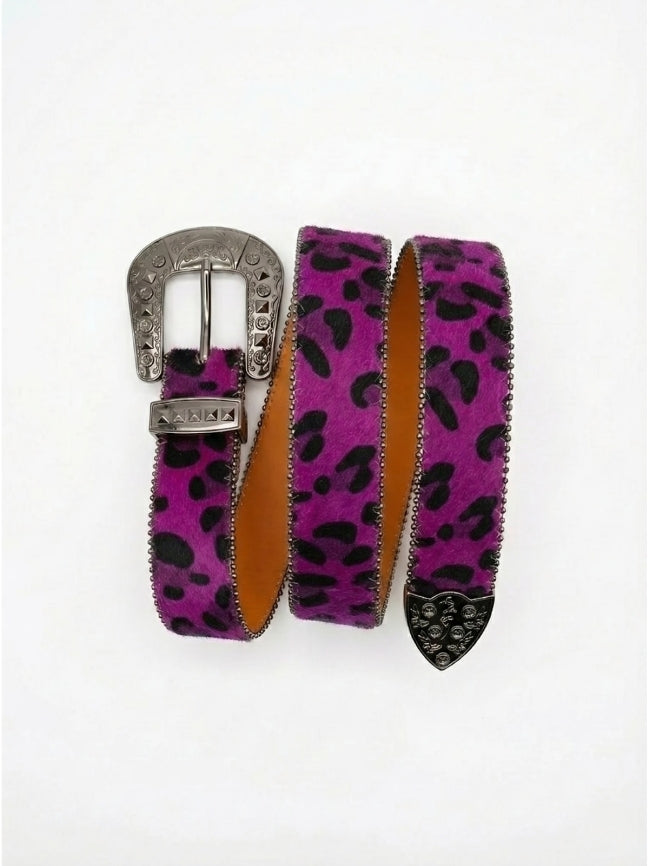 Purple leopard print belt with silver buckle on a white background