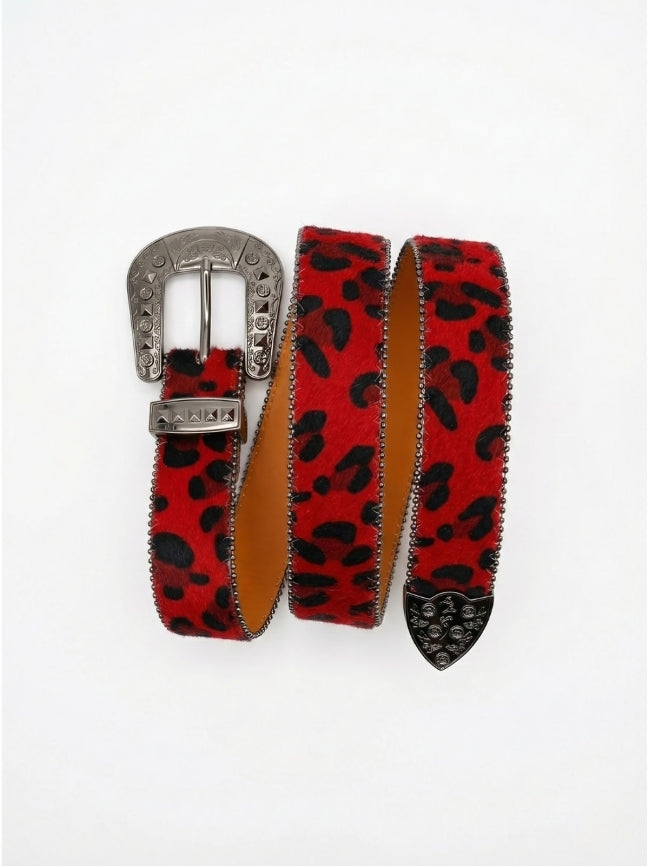 Red leopard print belt with silver buckle on a white background