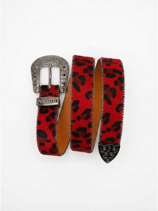 Red leopard print belt with silver buckle on a white background