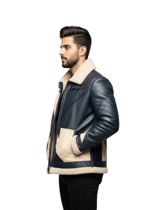 Man wearing a black leather jacket with beige shearling lining on a white background