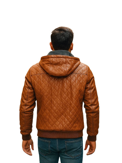 Bomber Style Quilted Leather Jacket Tan Brown