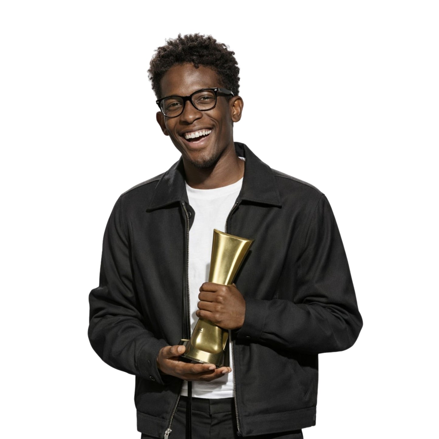 Man holding a gold trophy against a white background